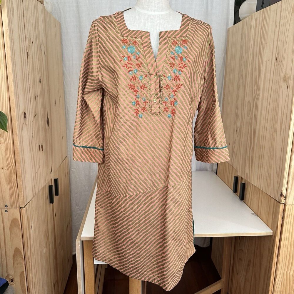 NEW Soft Surroundings Salerno Tunic Dress L Embroidered Metallic Gold Pink Event